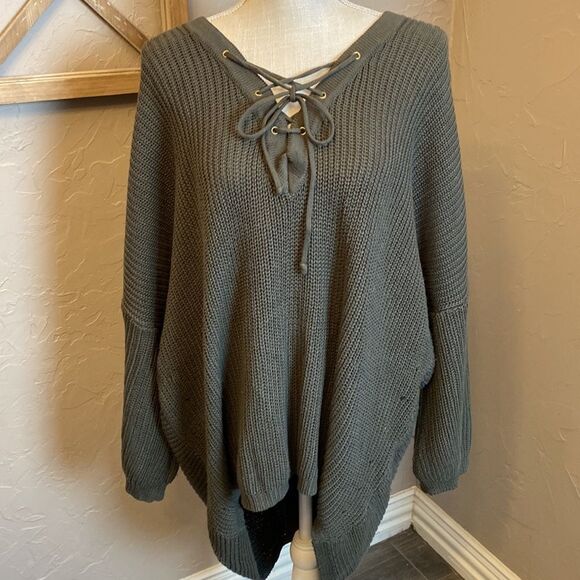 The Impeccable Pig Sweaters - The Impeccable Pig Oversized Tunic Tie Neck Knit Sweater Olive Small